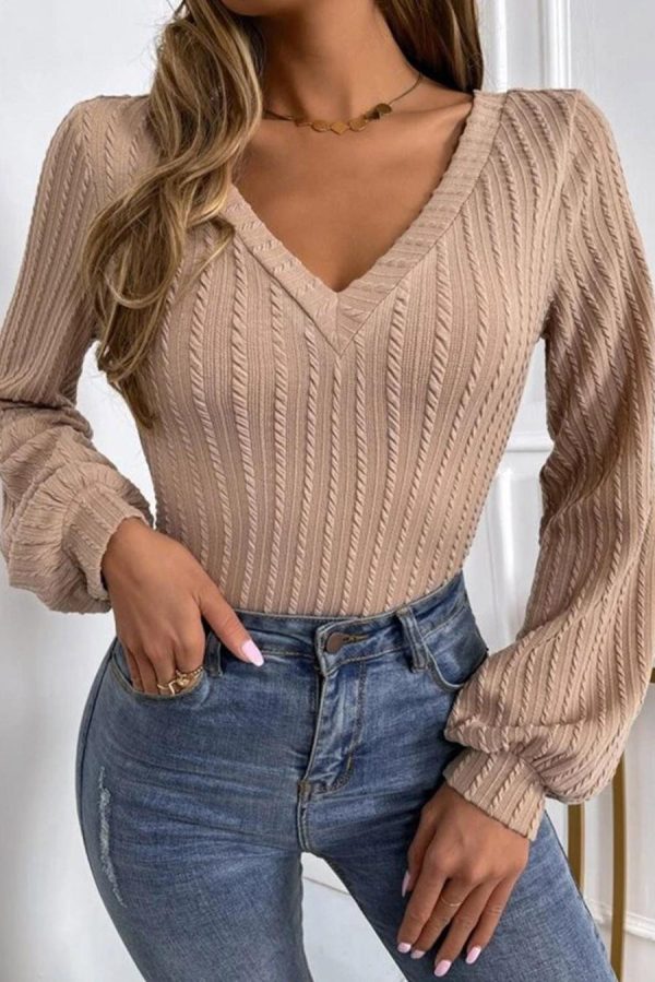 Long Sleeve Tops | Khaki Knitted Jacquard V Neck Lantern Sleeve Top - Women - Image 3