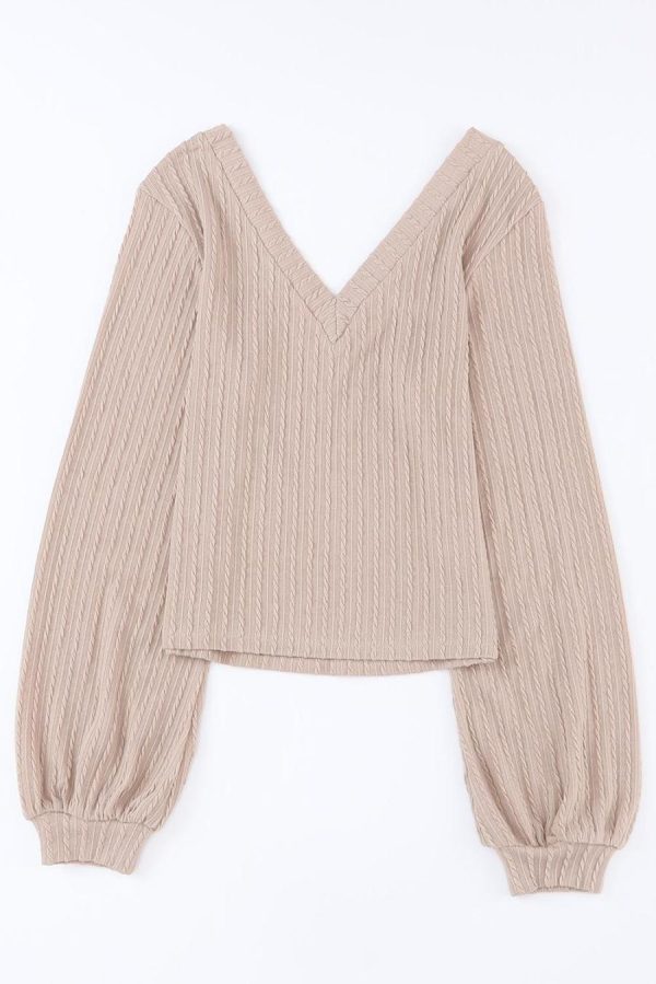 Long Sleeve Tops | Khaki Knitted Jacquard V Neck Lantern Sleeve Top - Women - Image 5