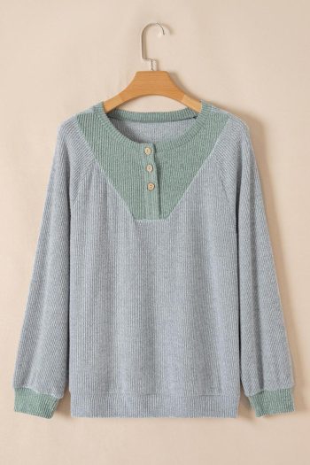 Long Sleeve Tops | Light Grey Contrast Ribbed Loose Fit Henley Top - Women