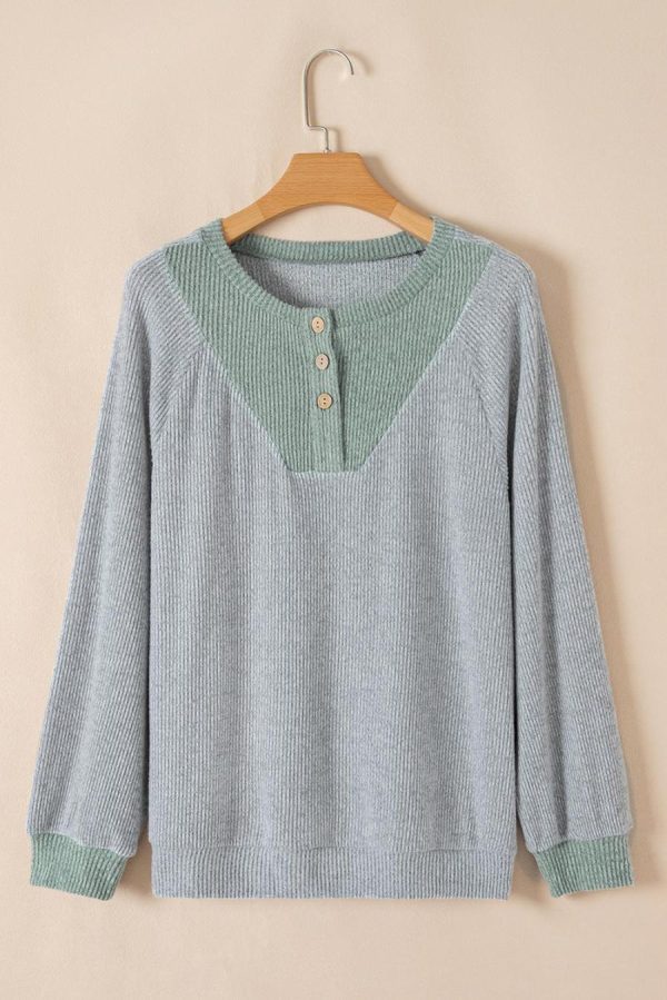 Long Sleeve Tops | Light Grey Contrast Ribbed Loose Fit Henley Top - Women