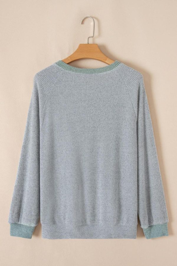 Long Sleeve Tops | Light Grey Contrast Ribbed Loose Fit Henley Top - Women - Image 2