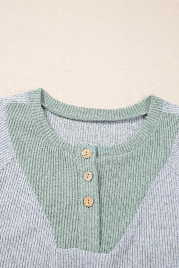 Long Sleeve Tops | Light Grey Contrast Ribbed Loose Fit Henley Top - Women - Image 3