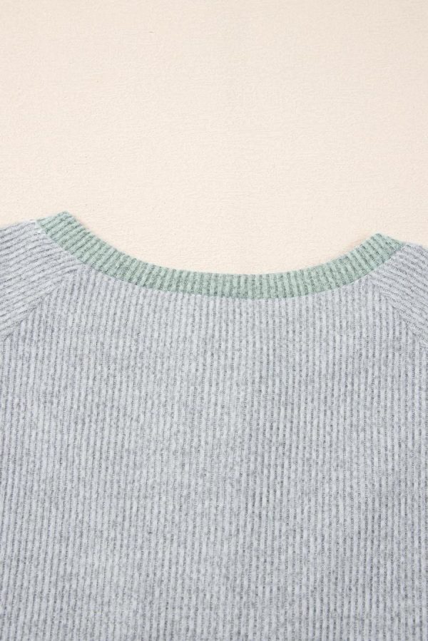 Long Sleeve Tops | Light Grey Contrast Ribbed Loose Fit Henley Top - Women - Image 5