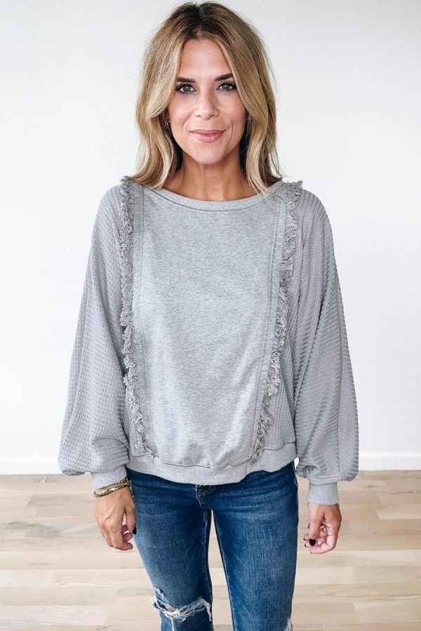 Long Sleeve Tops | Light Grey Waffle Patchwork Long Sleeve Pullover Top - Women - Image 3