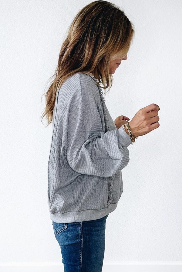 Long Sleeve Tops | Light Grey Waffle Patchwork Long Sleeve Pullover Top - Women - Image 4