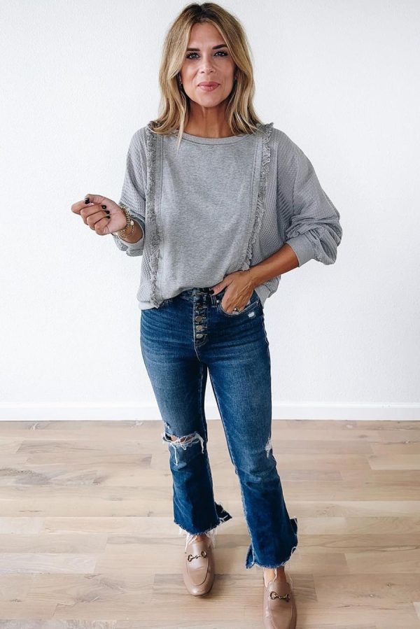 Long Sleeve Tops | Light Grey Waffle Patchwork Long Sleeve Pullover Top - Women - Image 5