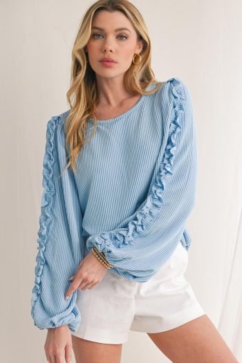 Long Sleeve Tops | Mist Blue Corded Frill Detail Puff Sleeve Top - Women
