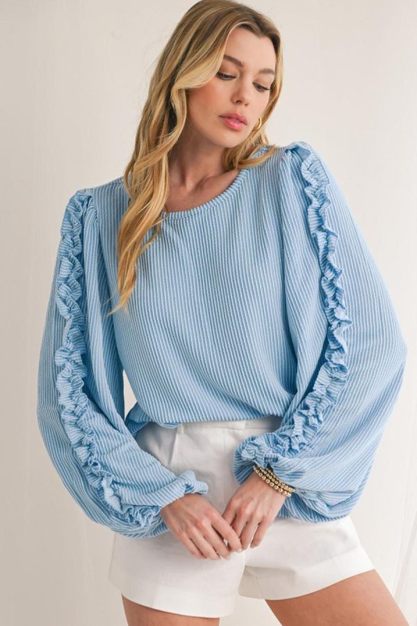 Long Sleeve Tops | Mist Blue Corded Frill Detail Puff Sleeve Top - Women - Image 2