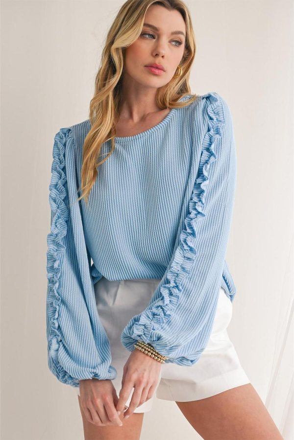 Long Sleeve Tops | Mist Blue Corded Frill Detail Puff Sleeve Top - Women - Image 3