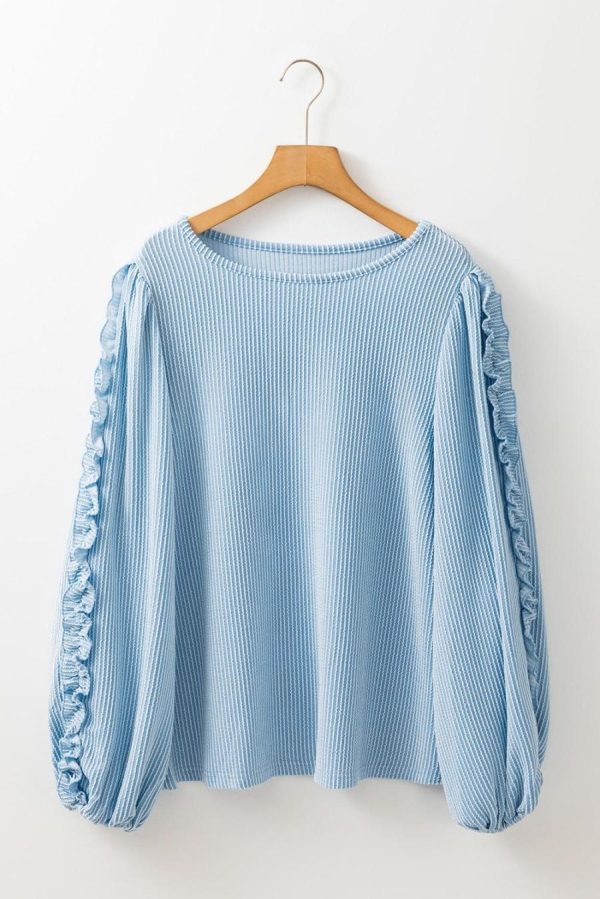 Long Sleeve Tops | Mist Blue Corded Frill Detail Puff Sleeve Top - Women - Image 6