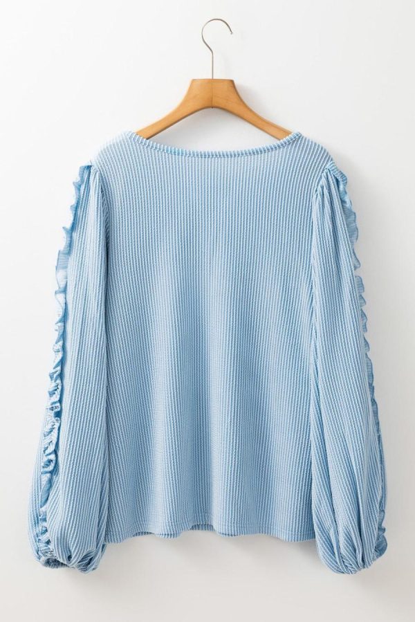 Long Sleeve Tops | Mist Blue Corded Frill Detail Puff Sleeve Top - Women - Image 7