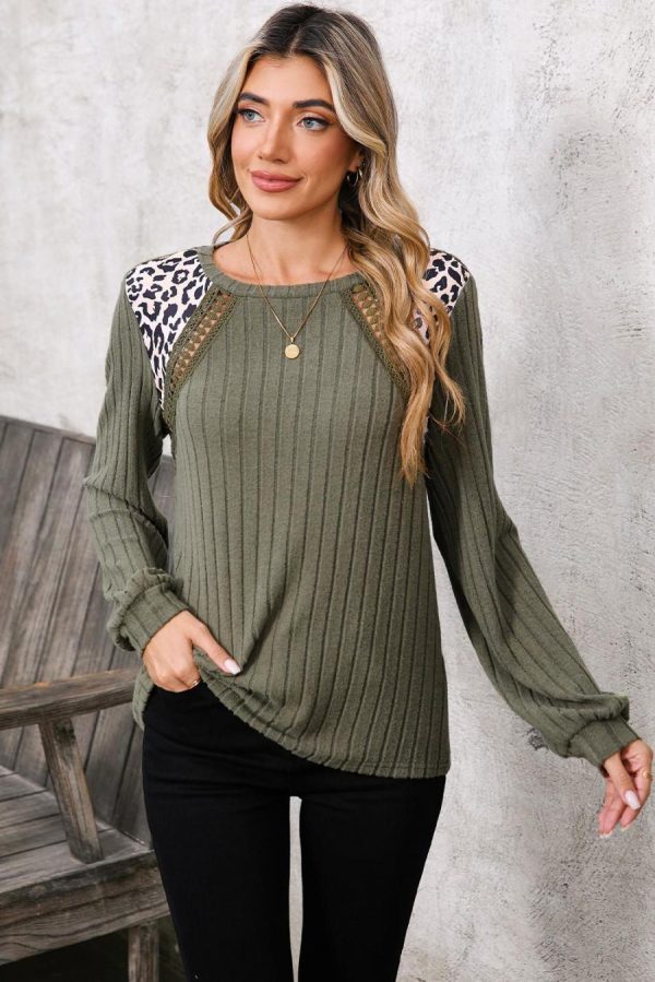 Long Sleeve Tops | Moss Green Leopard Print Patchwork Crochet Rib Textured Top - Women - Image 3