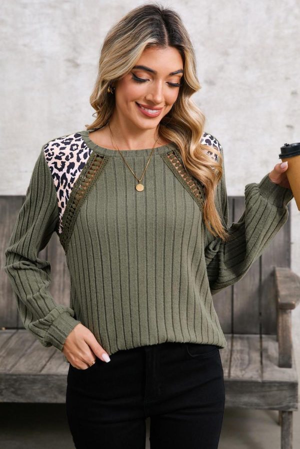 Long Sleeve Tops | Moss Green Leopard Print Patchwork Crochet Rib Textured Top - Women - Image 4