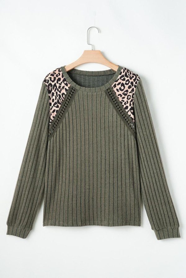 Long Sleeve Tops | Moss Green Leopard Print Patchwork Crochet Rib Textured Top - Women - Image 6