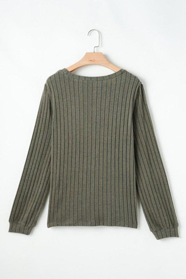Long Sleeve Tops | Moss Green Leopard Print Patchwork Crochet Rib Textured Top - Women - Image 7