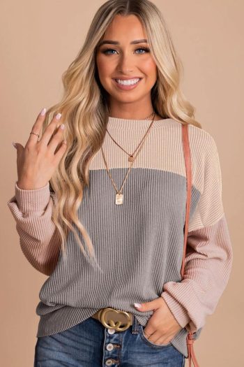 Long Sleeve Tops | Multicolor Colorblock Ribbed Loose Long Sleeve Top - Women