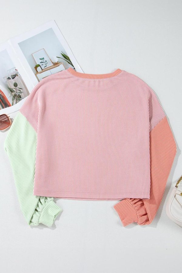 Long Sleeve Tops | Multicolour Corded Colorblock Patchwork Drop Shoulder Long Sleeve Top - Women - Image 6