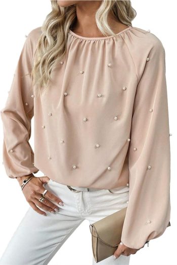 Long Sleeve Tops | Oatmeal Pearl Beaded Round Neck Long Sleeve Top - Women