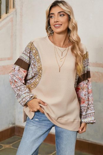 Long Sleeve Tops | Parchment Floral Patchwork Puff Sleeve Waffle Knit Top - Women