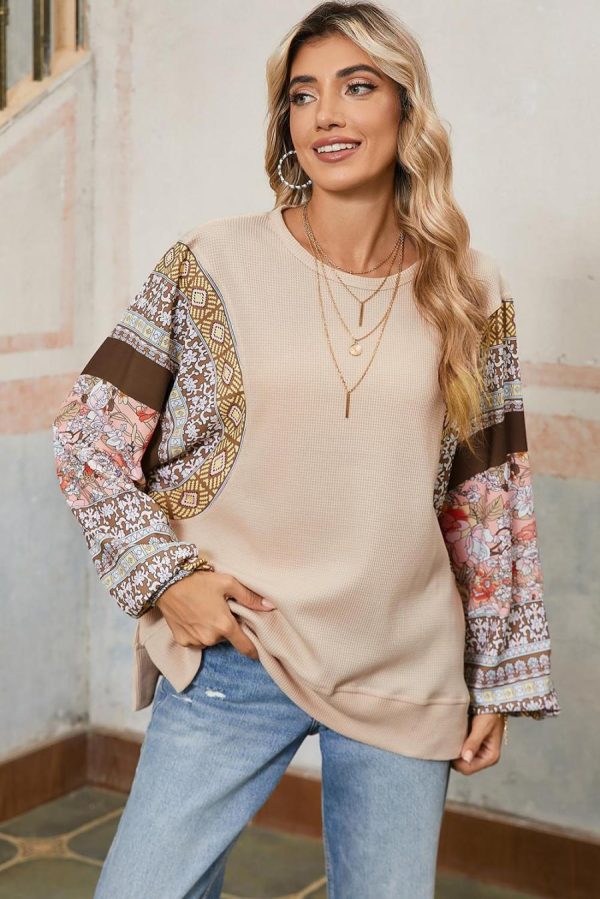Long Sleeve Tops | Parchment Floral Patchwork Puff Sleeve Waffle Knit Top - Women