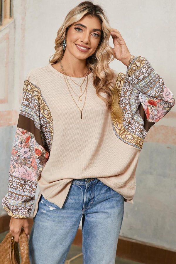 Long Sleeve Tops | Parchment Floral Patchwork Puff Sleeve Waffle Knit Top - Women - Image 2