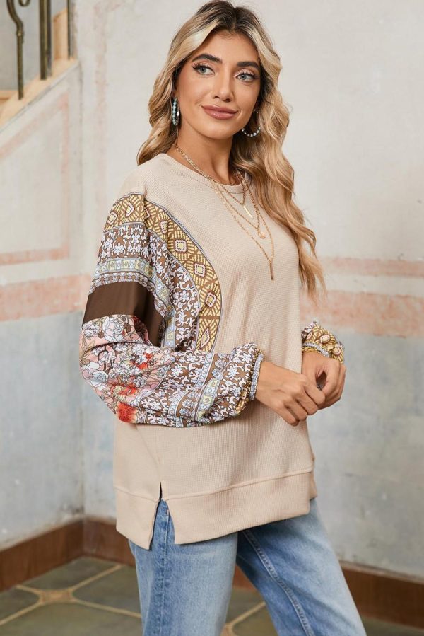 Long Sleeve Tops | Parchment Floral Patchwork Puff Sleeve Waffle Knit Top - Women - Image 3