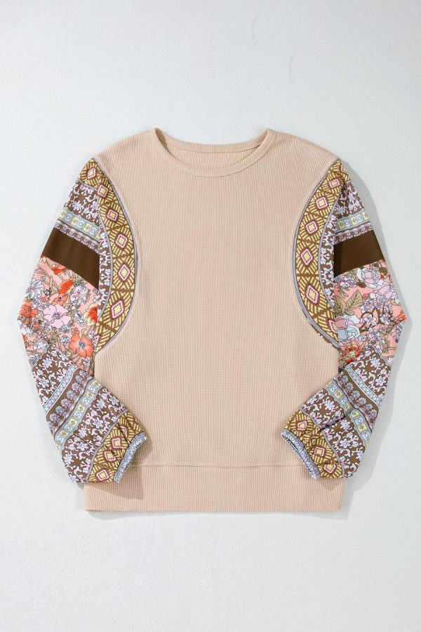 Long Sleeve Tops | Parchment Floral Patchwork Puff Sleeve Waffle Knit Top - Women - Image 5