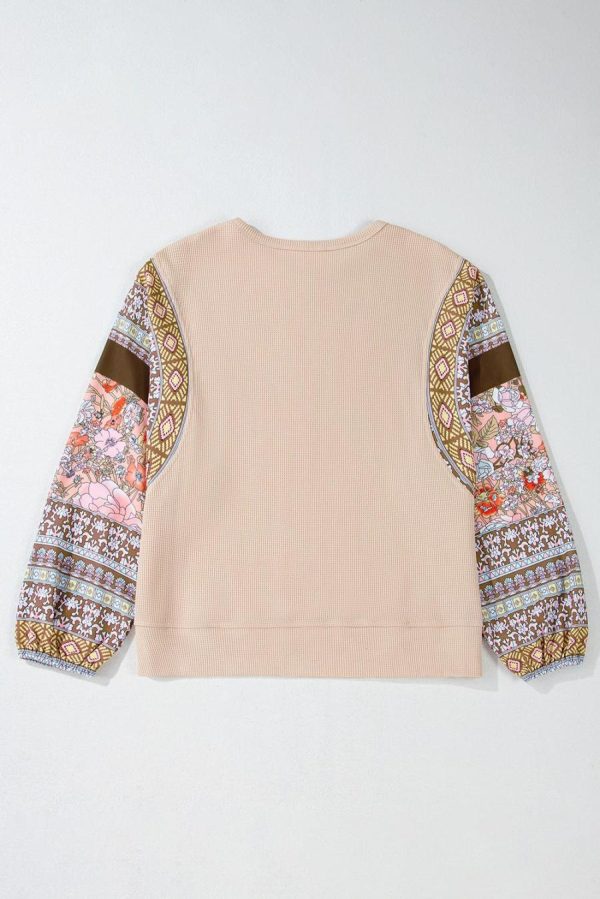 Long Sleeve Tops | Parchment Floral Patchwork Puff Sleeve Waffle Knit Top - Women - Image 6