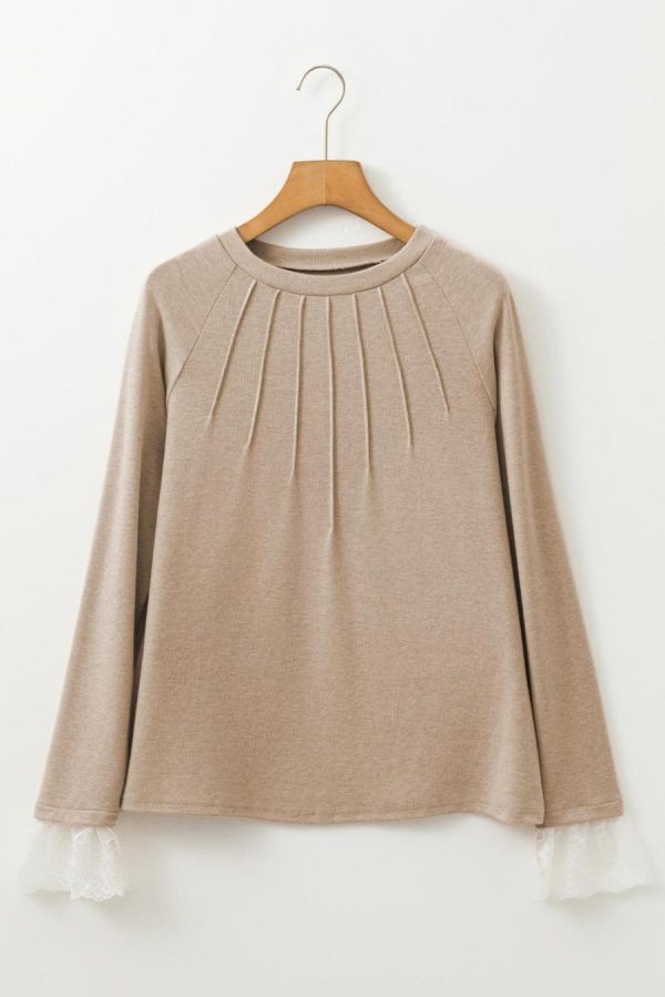 Long Sleeve Tops | Parchment Seam Detail Lace Contrast Cuffs Raglan Sleeve Top - Women - Image 2