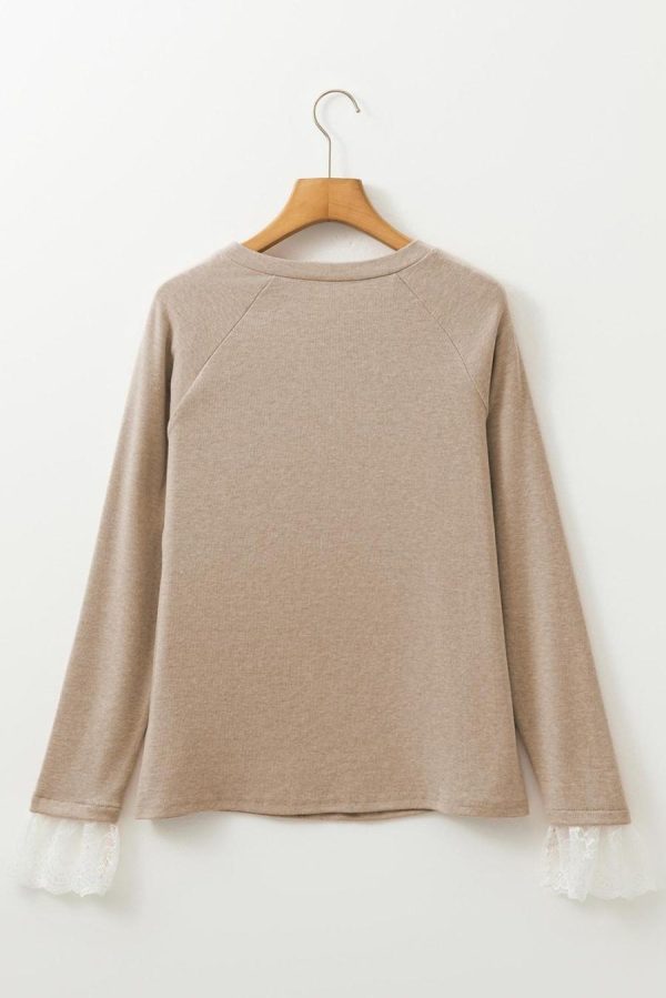 Long Sleeve Tops | Parchment Seam Detail Lace Contrast Cuffs Raglan Sleeve Top - Women - Image 3