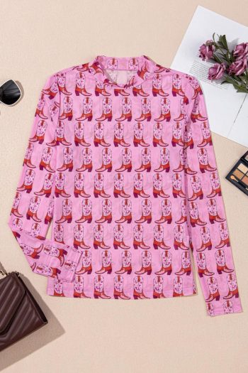 Long Sleeve Tops | Pink Boots Print Mock Neck Long Sleeve Mesh Top - Women