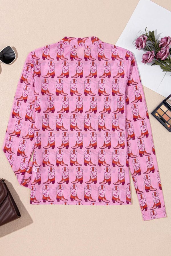 Long Sleeve Tops | Pink Boots Print Mock Neck Long Sleeve Mesh Top - Women - Image 2