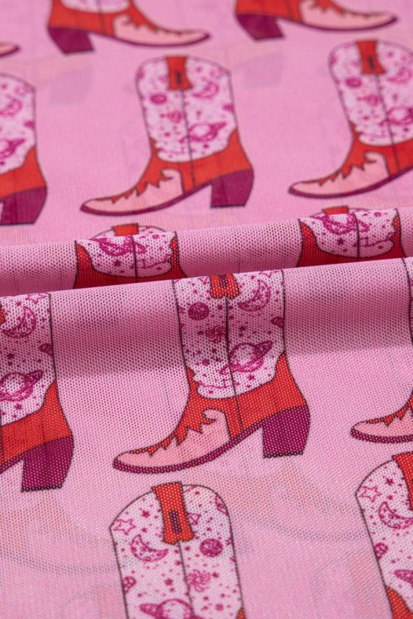 Long Sleeve Tops | Pink Boots Print Mock Neck Long Sleeve Mesh Top - Women - Image 5