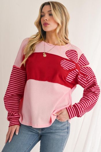 Long Sleeve Tops | Pink Floral Colorblock Striped Sleeve Waffle Patchwork Top - Women