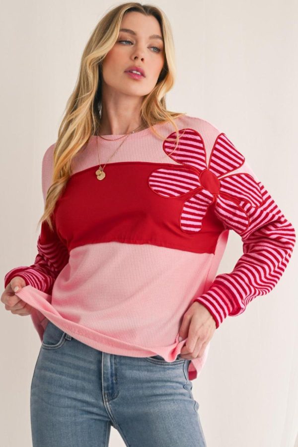 Long Sleeve Tops | Pink Floral Colorblock Striped Sleeve Waffle Patchwork Top - Women - Image 2