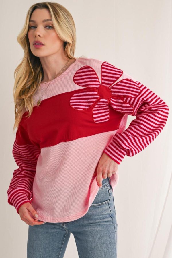 Long Sleeve Tops | Pink Floral Colorblock Striped Sleeve Waffle Patchwork Top - Women - Image 3