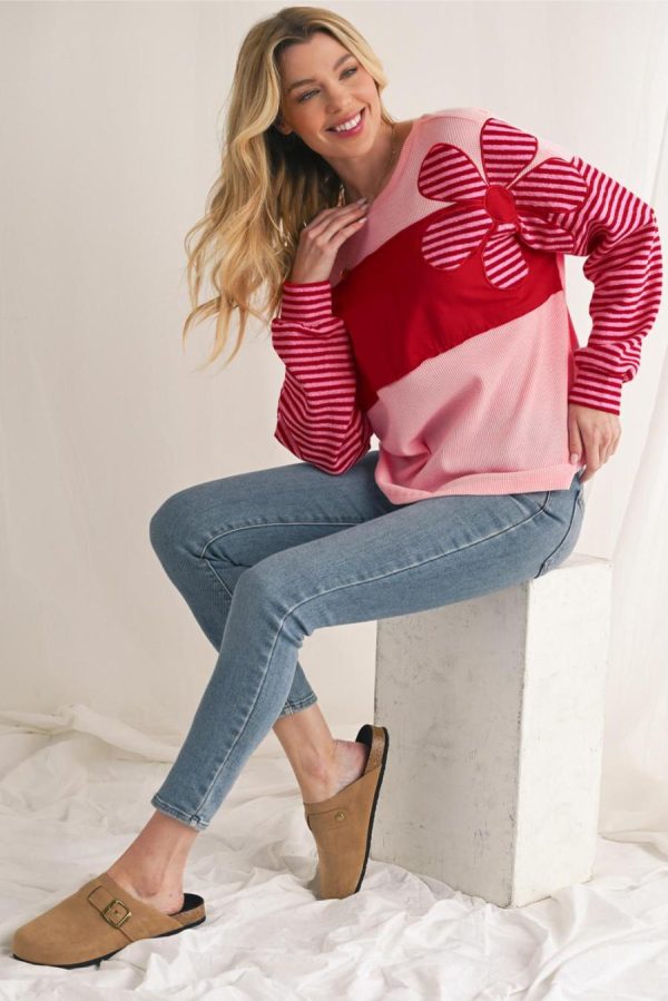 Long Sleeve Tops | Pink Floral Colorblock Striped Sleeve Waffle Patchwork Top - Women - Image 4