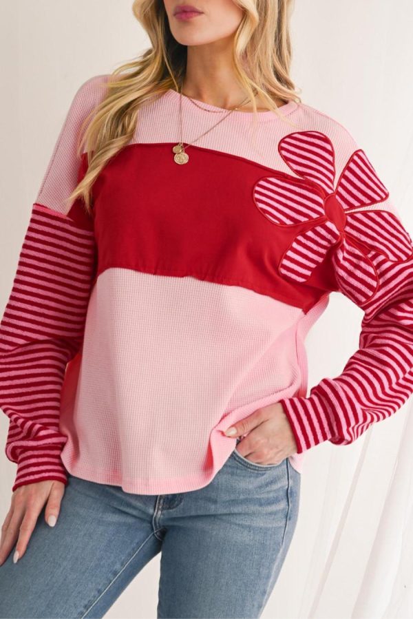 Long Sleeve Tops | Pink Floral Colorblock Striped Sleeve Waffle Patchwork Top - Women - Image 5