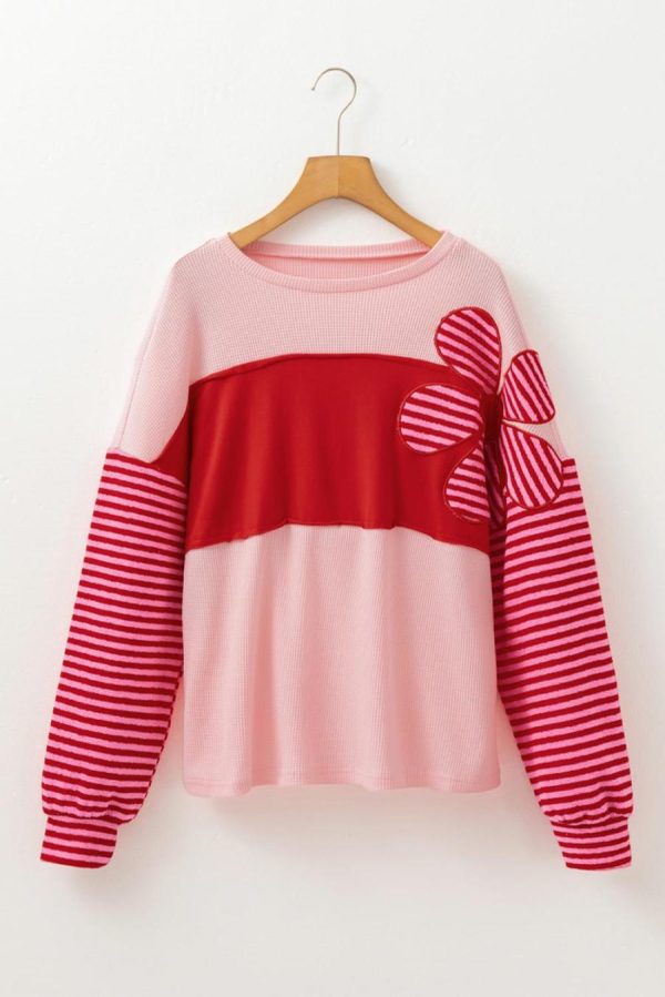 Long Sleeve Tops | Pink Floral Colorblock Striped Sleeve Waffle Patchwork Top - Women - Image 6