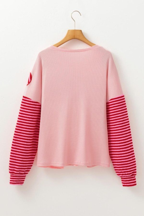 Long Sleeve Tops | Pink Floral Colorblock Striped Sleeve Waffle Patchwork Top - Women - Image 7