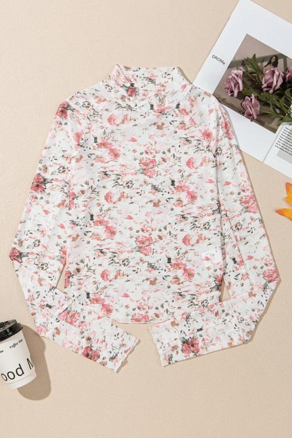 Long Sleeve Tops | Pink Floral Print Mesh Mock Neck Slim Blouse - Women - Image 6
