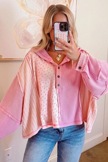 Long Sleeve Tops | Pink Mixed Texture Waffle Floral Patchwork Hooded Oversized Pullover Top - Women