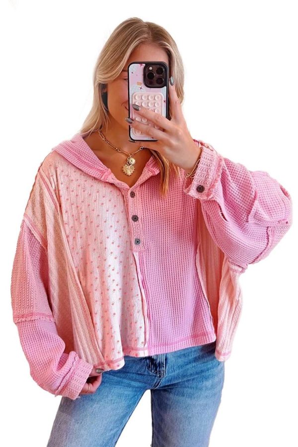 Long Sleeve Tops | Pink Mixed Texture Waffle Floral Patchwork Hooded Oversized Pullover Top - Women - Image 2
