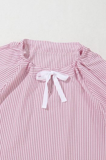 Long Sleeve Tops | Pink Stripe Bow Tie Front Round Neck Long Sleeve Top - Women