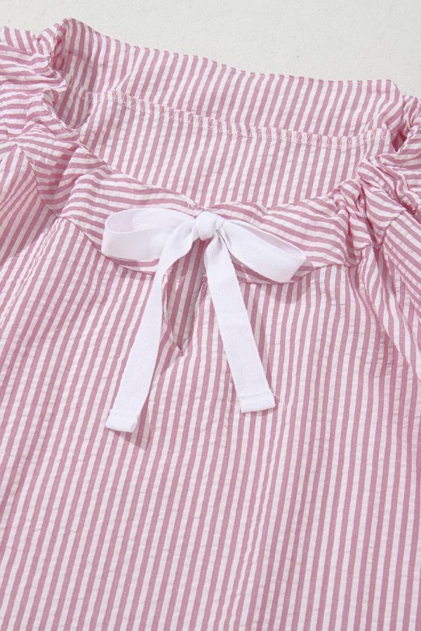 Long Sleeve Tops | Pink Stripe Bow Tie Front Round Neck Long Sleeve Top - Women - Image 2