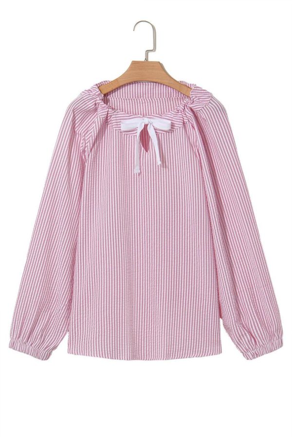 Long Sleeve Tops | Pink Stripe Bow Tie Front Round Neck Long Sleeve Top - Women - Image 6