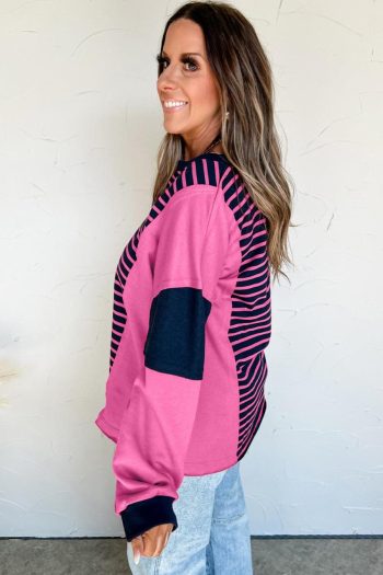 Long Sleeve Tops | Pink Stripe Color Block V Neck Loose Fit Long Sleeve Top - Women