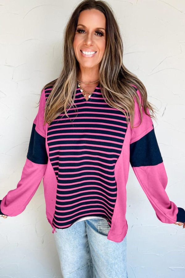 Long Sleeve Tops | Pink Stripe Color Block V Neck Loose Fit Long Sleeve Top - Women - Image 2