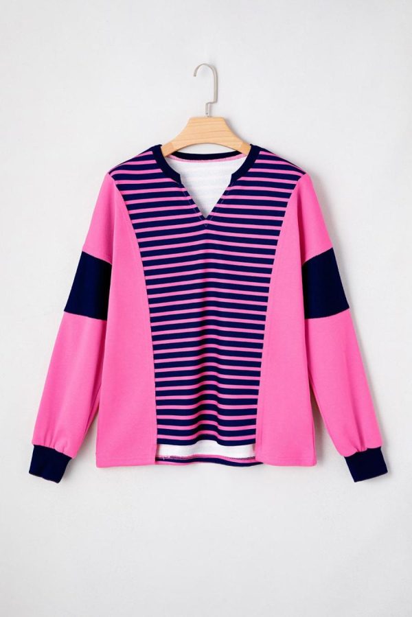 Long Sleeve Tops | Pink Stripe Color Block V Neck Loose Fit Long Sleeve Top - Women - Image 3