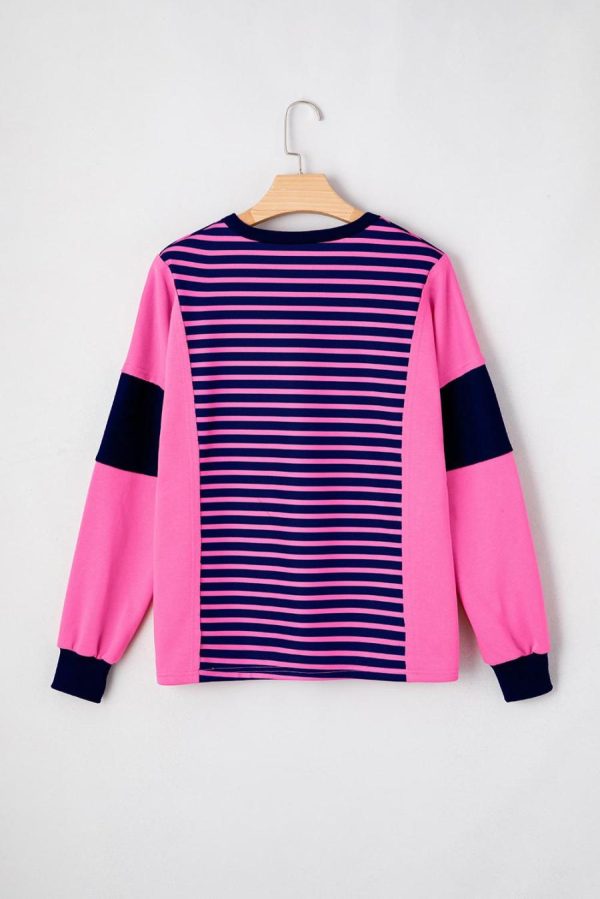 Long Sleeve Tops | Pink Stripe Color Block V Neck Loose Fit Long Sleeve Top - Women - Image 4